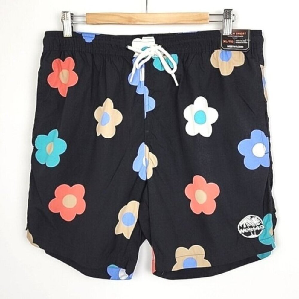 West49 Men's Beach Short Above The Knee Black Floral Multi Colored Size XL
